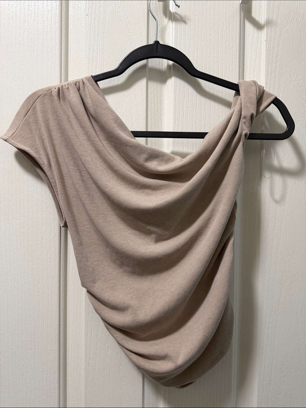Lush Draped One-Shoulder Blouse in Light Taupe